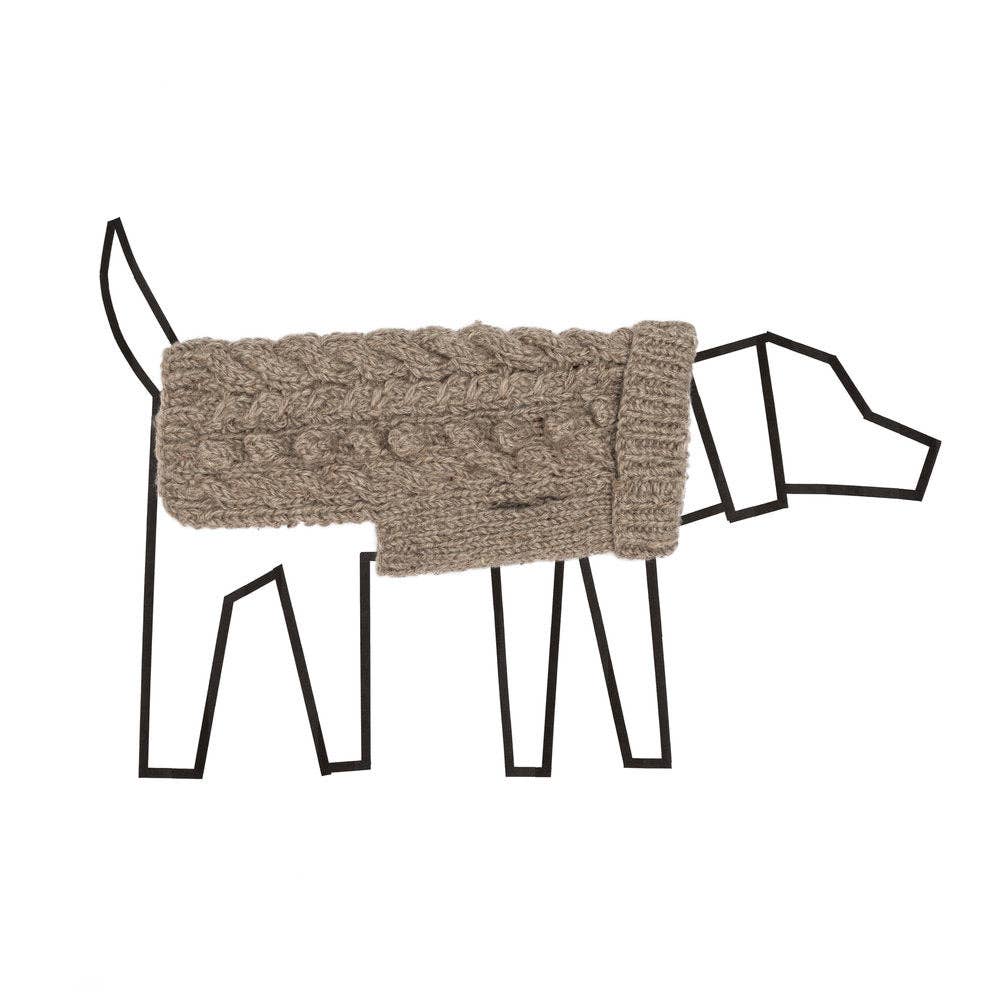 A stylized outline of a dog wearing a cozy, knitted sweater in a soft beige color, showcasing intricate cable knit details.
