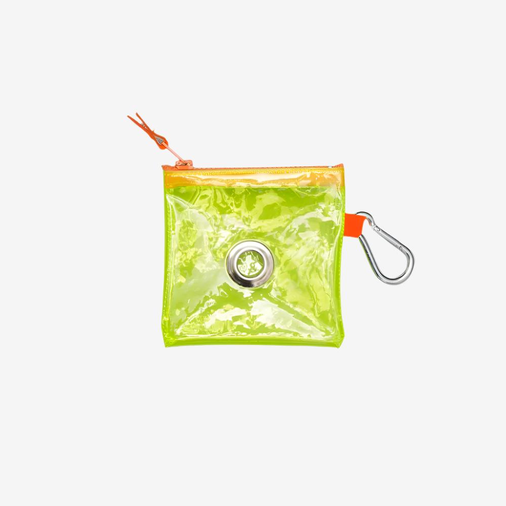 A bright yellow-green transparent pouch with a zipper and orange accents, featuring a metal carabiner for attaching.
